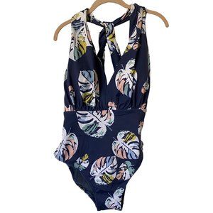 NEW Fortune Swimwear One Piece Deep V Cross Back Leaf‎ Print Swimsuit XL Xlarge